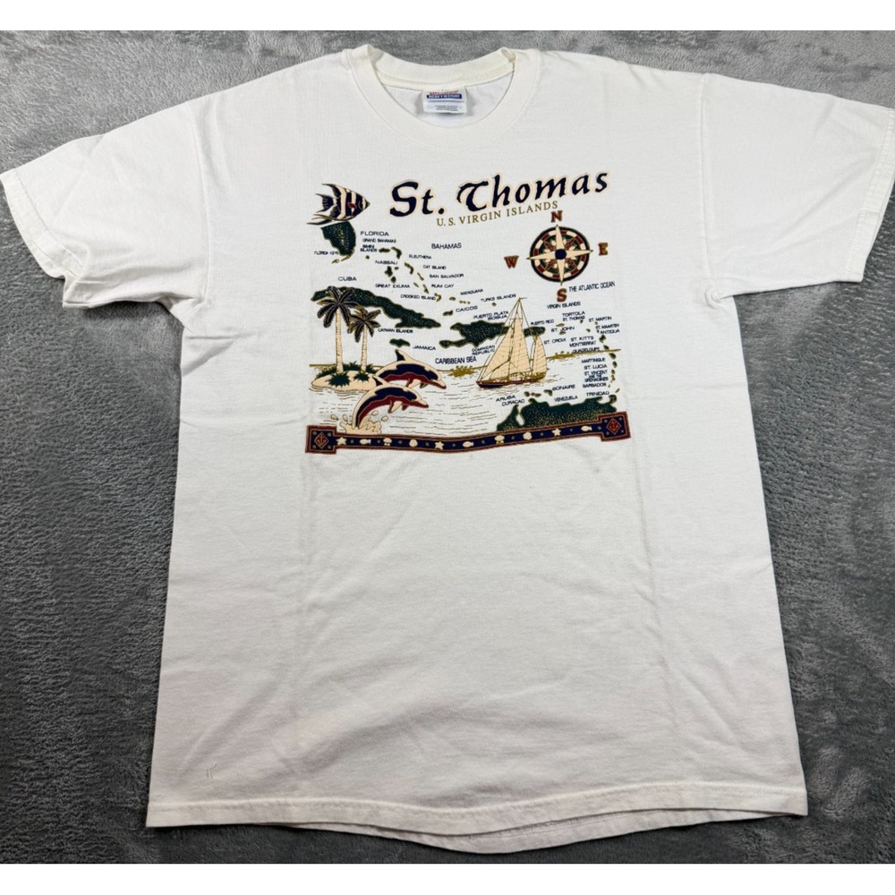 Vtg St Thomas Virgin Islands Map T Shirt Hanes Heavyweight Mens M White